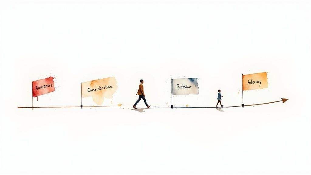 Two people walking along timeline with flags marking awareness, consideration, retention, and advocacy stages