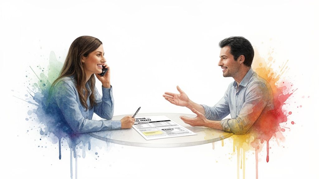 Smiling man and woman at a table, discussing documents with phone, highlighted by vibrant watercolor splashes.