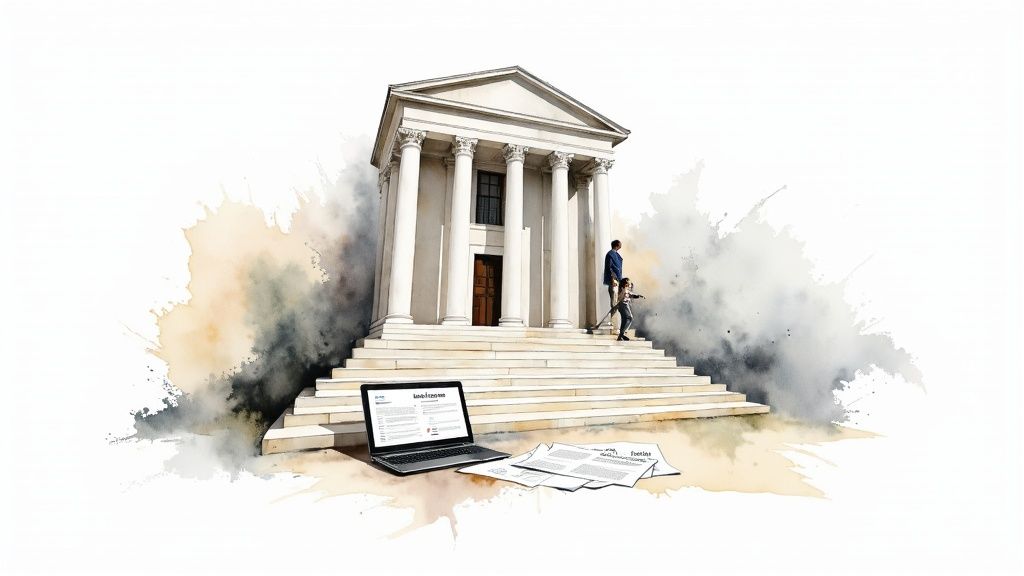 Watercolor art showing a classical building with steps, a laptop, documents, and people walking up.