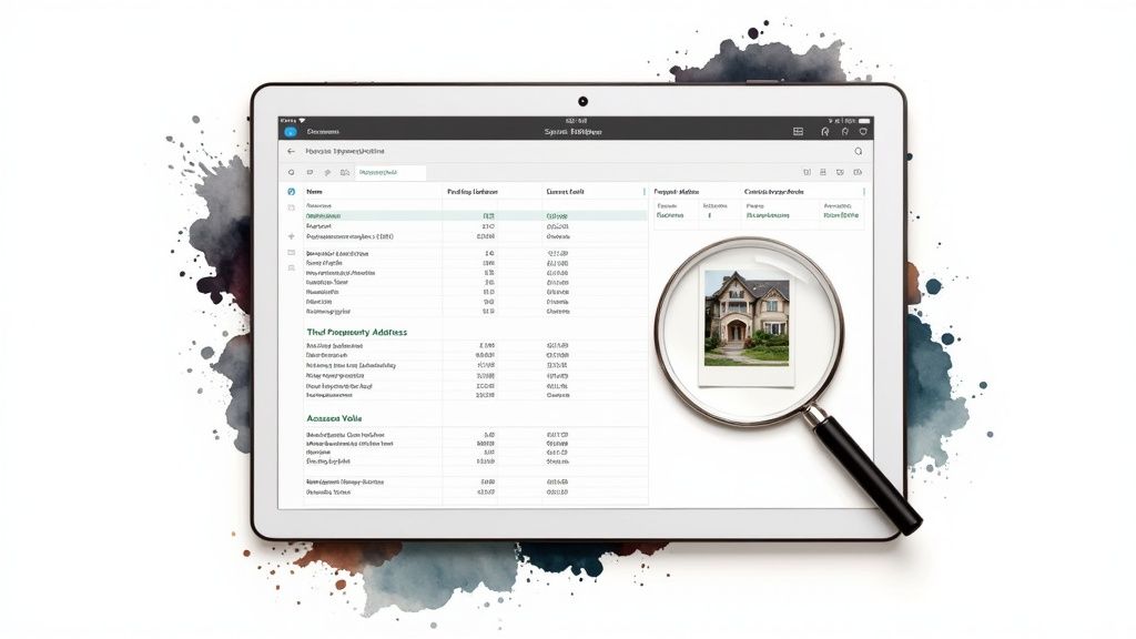 A tablet displaying a real estate property list with a magnifying glass highlighting a house image.