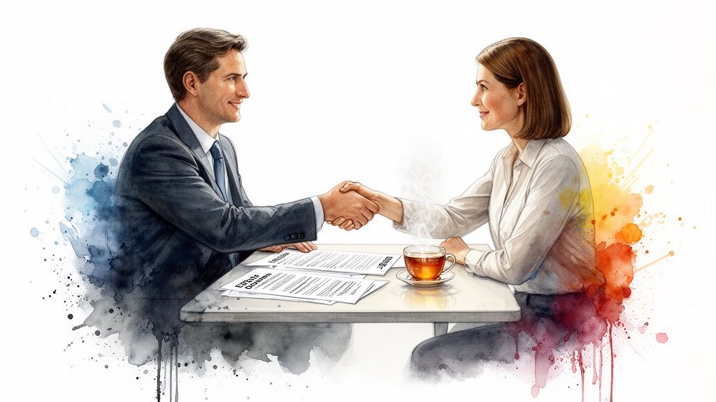 A watercolor illustration of a man and woman shaking hands over a table with documents and tea, symbolizing agreement.