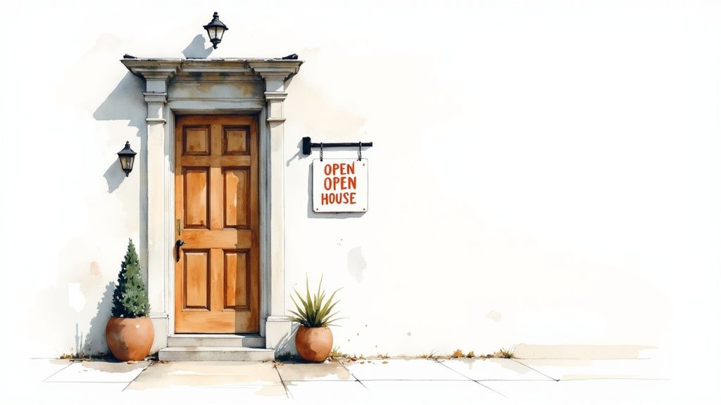 Elegant wooden door with open house sign and potted plants on white exterior wall