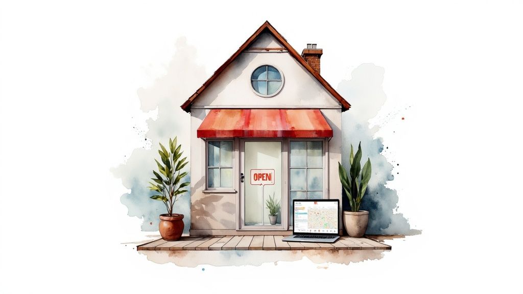 A real estate agent discusses a property with a client in a modern home, with a laptop open on the table.