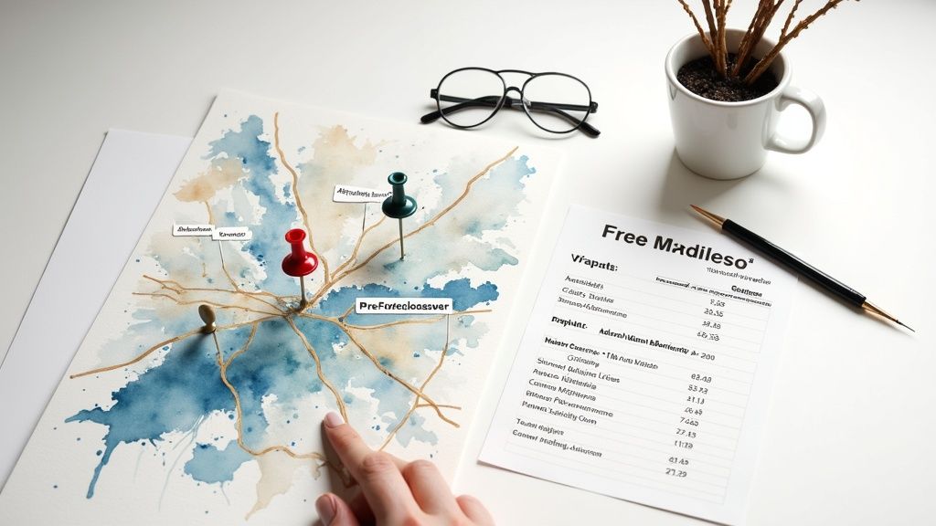A magnifying glass hovering over a map of a neighborhood, symbolizing the process of targeting specific homes for a real estate mailing list.