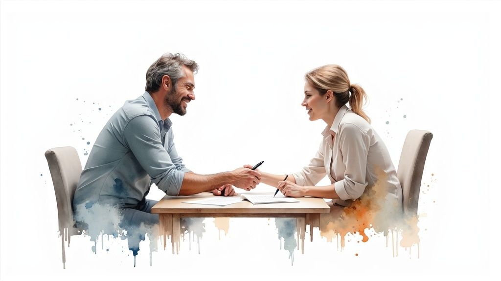 A smiling man and woman shake hands over documents on a table, signifying a business agreement with a watercolor effect.