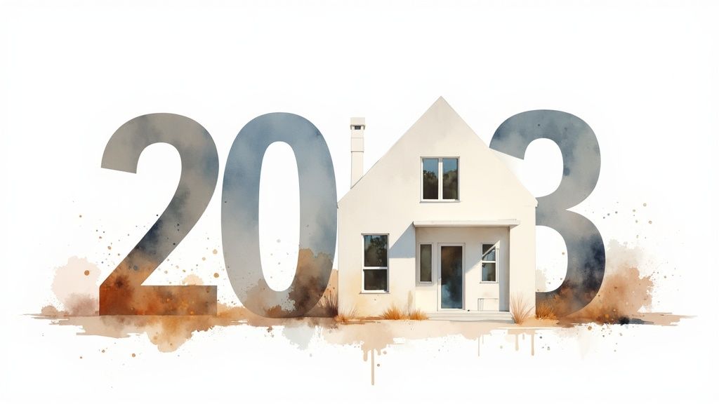 A watercolor-style image depicting the year 2023, with a white house cleverly integrated as the number zero.
