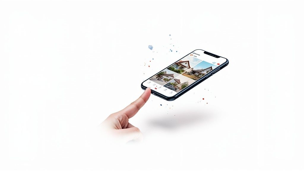 A hand taps a smartphone screen displaying a real estate app with various houses, surrounded by colorful splatters.