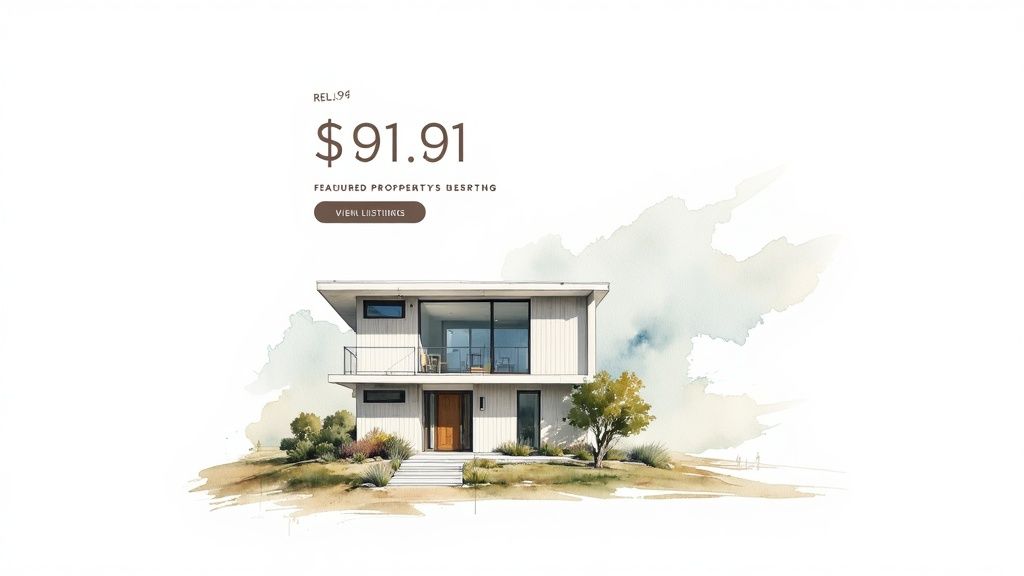 Modern two-story luxury home with featured property price of $91.91 and view listings button