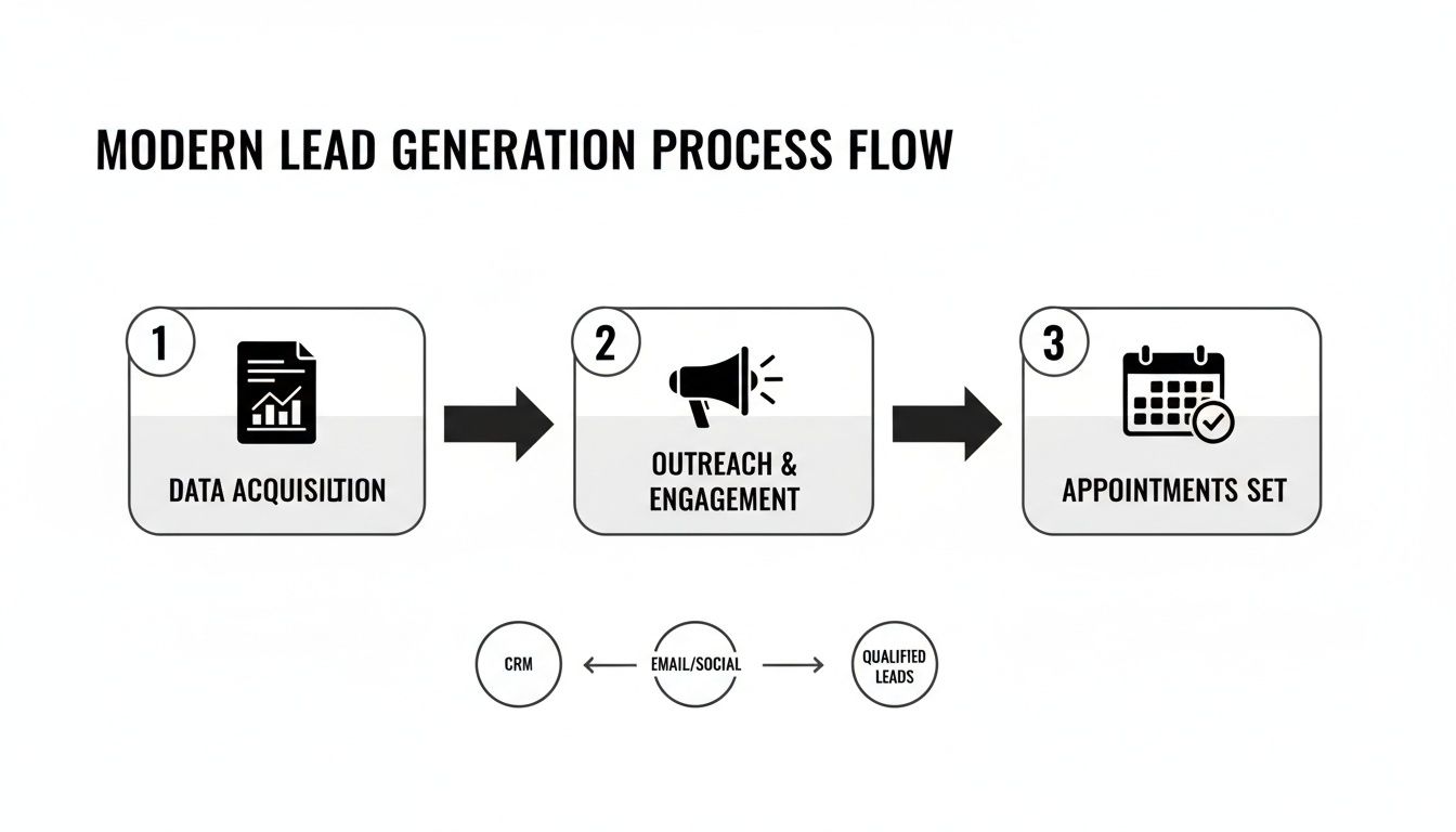 A diagram illustrating the modern lead generation process flow with steps: Data Acquisition, Outreach & Engagement, and Appointments Set.