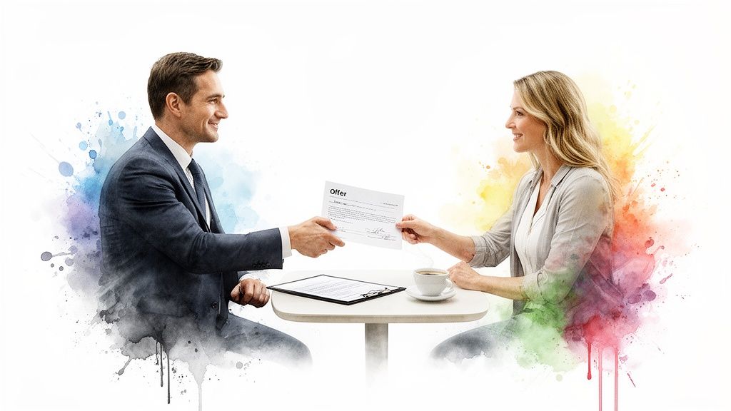 A smiling businessman hands an offer document to a woman across a table, surrounded by colorful watercolor splashes.