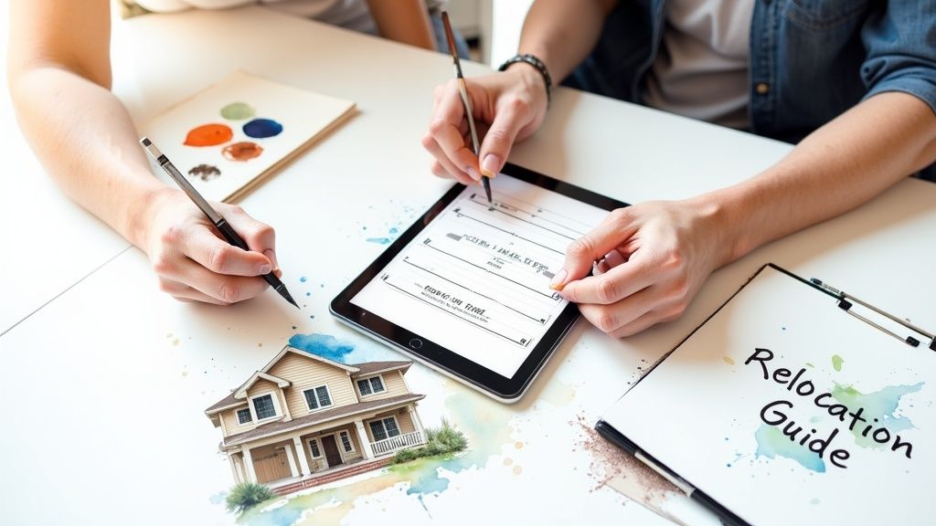 A magnifying glass hovering over a stylized map, indicating a focused search for real estate clients.