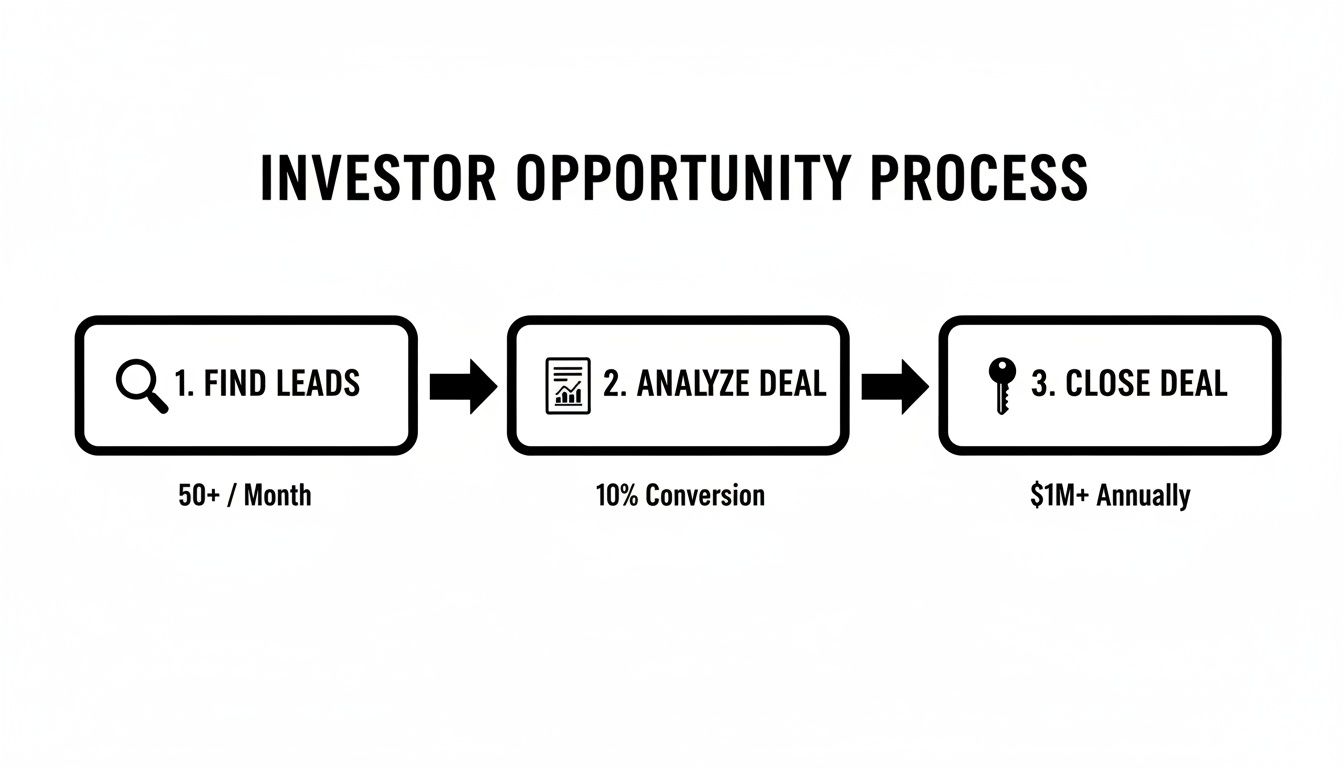 A flowchart outlining the investor opportunity process with steps for finding leads, analyzing deals, and closing deals.