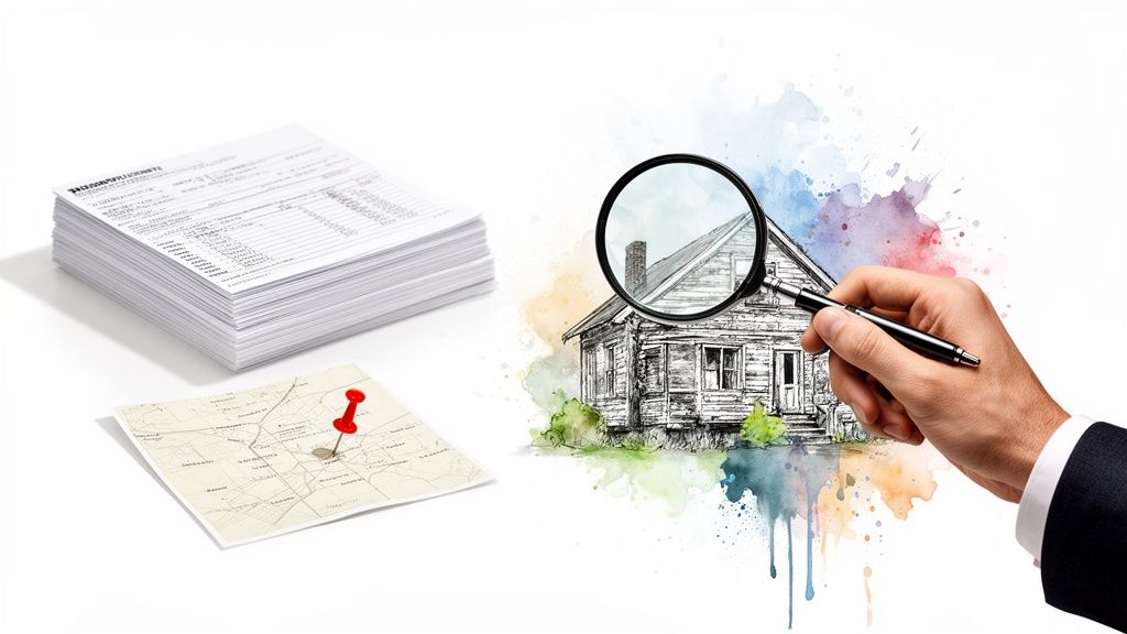 Illustration of real estate documents, a map with a pin, and a magnifying glass inspecting a house.