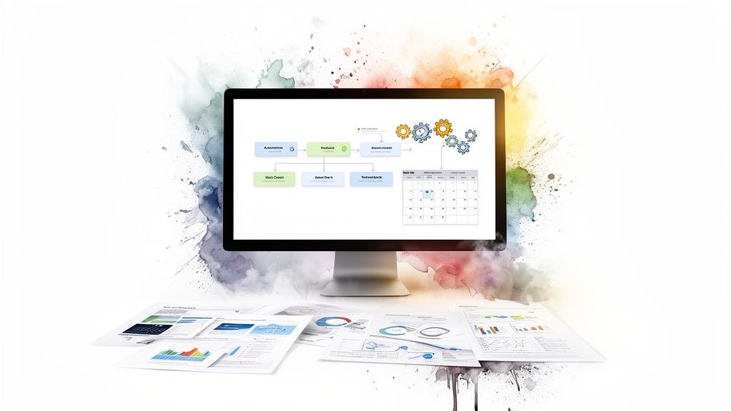A computer monitor displays a business process workflow with gears and a calendar, surrounded by data reports.