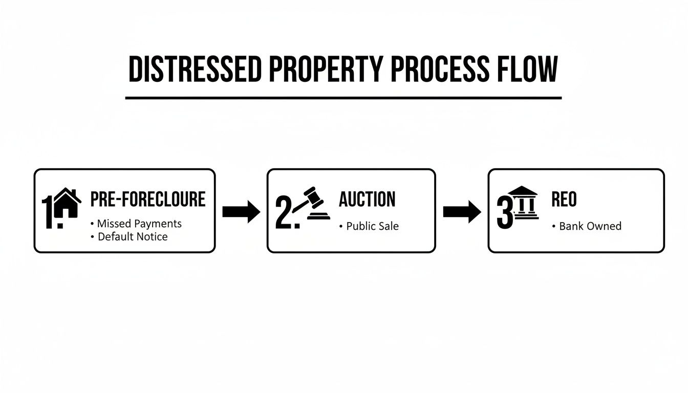 Flowchart illustrating the three stages of a distressed property process: pre-foreclosure, auction, and REO.