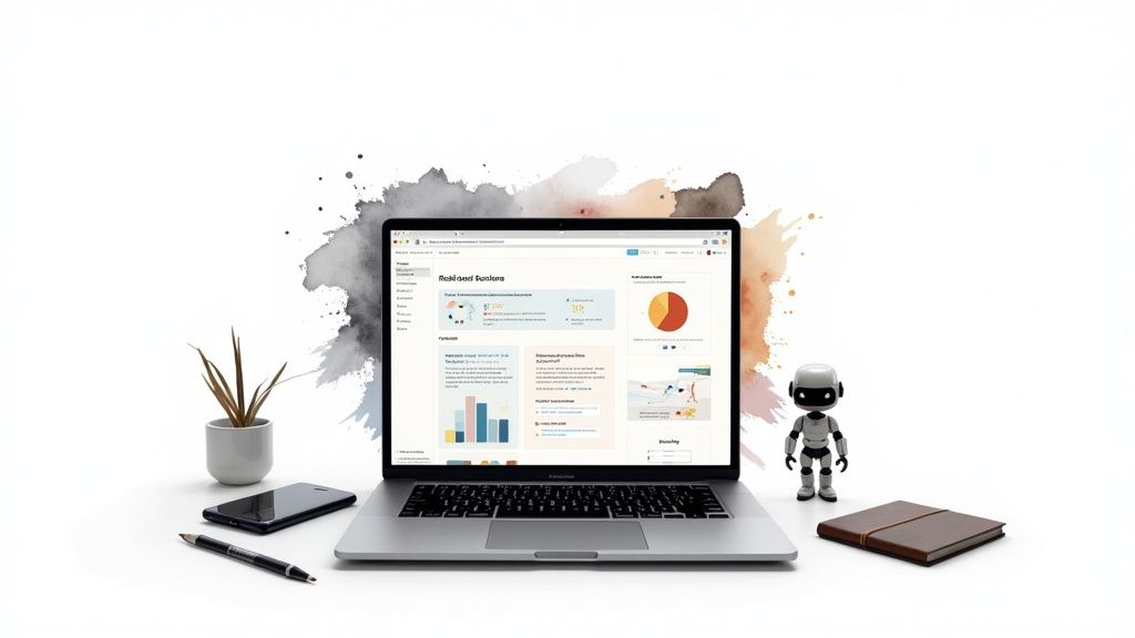 A real estate agent working efficiently on a laptop with charts and graphs in the background, representing tech-driven time management.