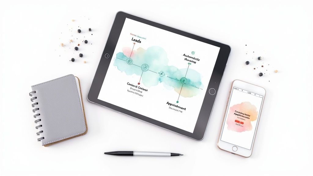 A flat lay of a tablet, smartphone, notebook, and pen on a white desk with scattered berries.