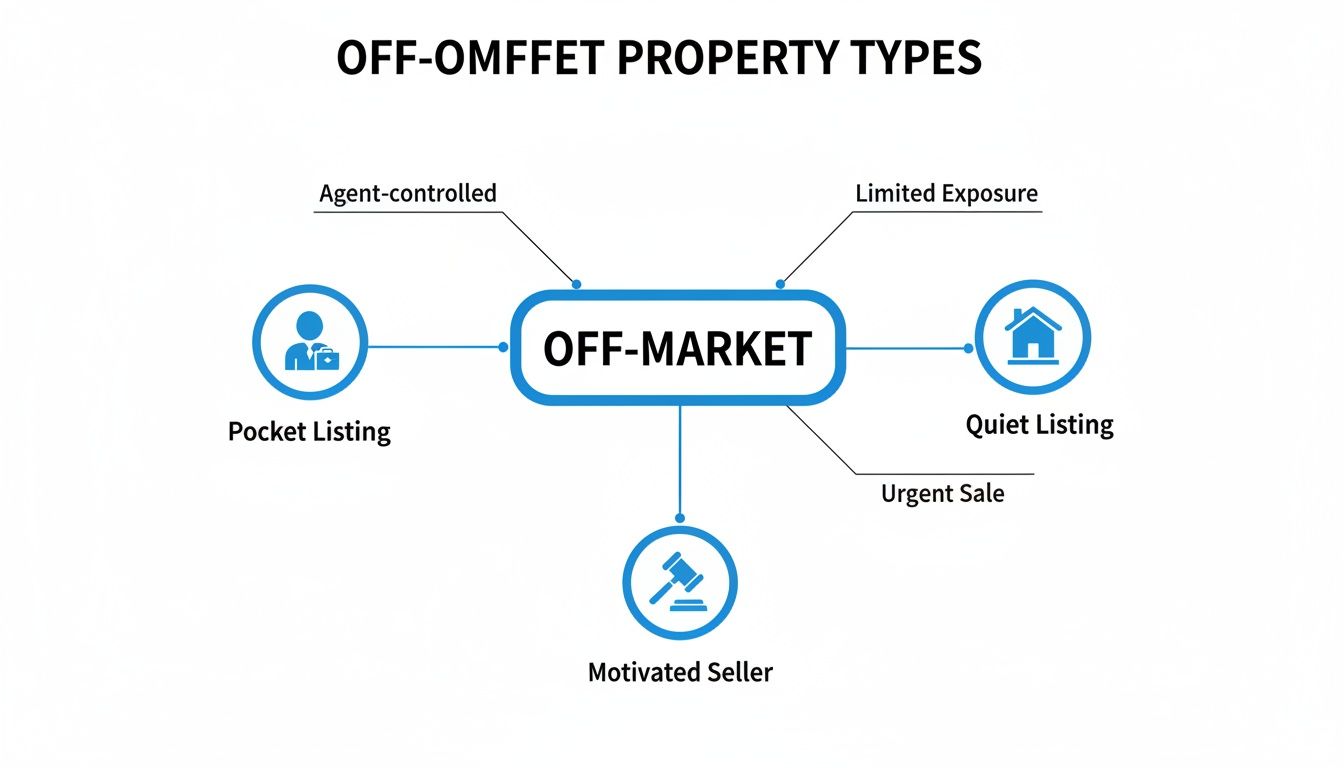 A diagram illustrating different off-market property types, including pocket listings, quiet listings, and motivated sellers.