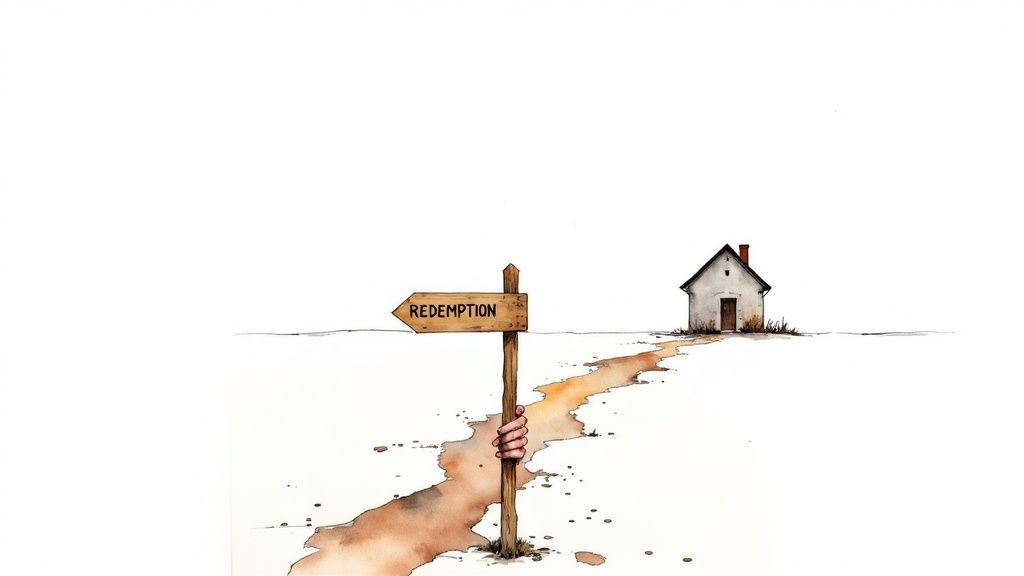 A hand grips a wooden signpost pointing to 'REDEMPTION' on a path leading to a small house.