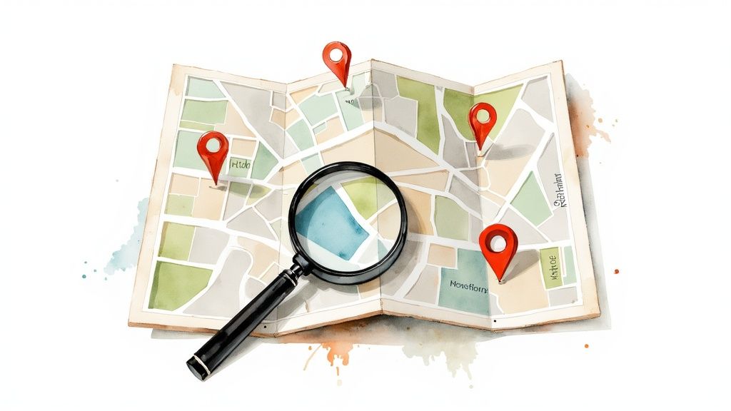 An overhead shot of a person's hands using a laptop to search for real estate online, indicating the start of the home buying journey