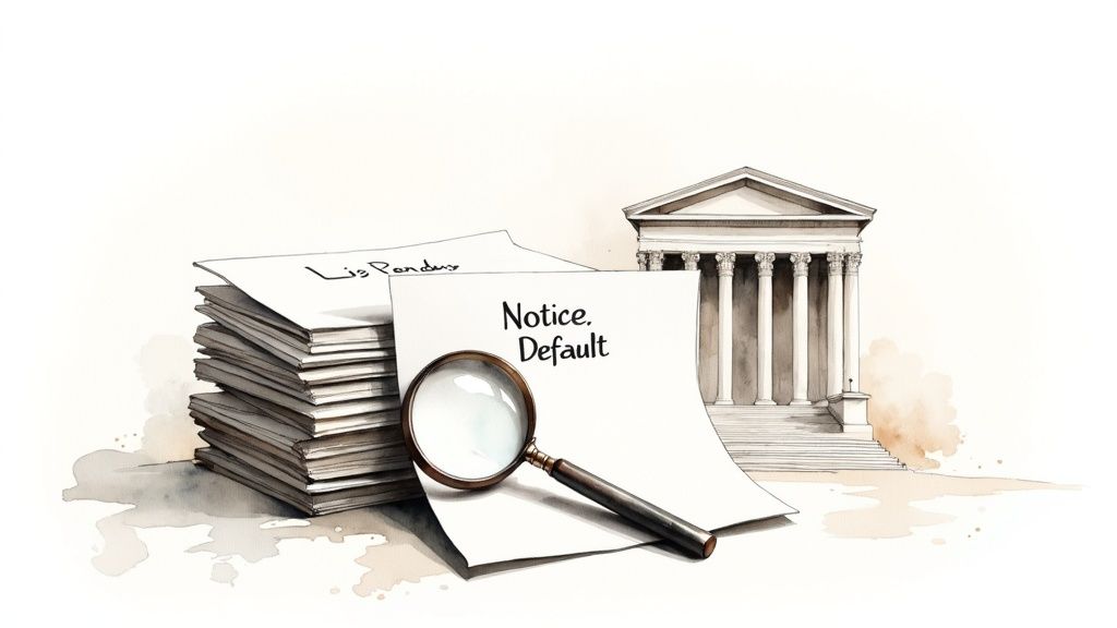 Watercolor illustration of legal papers, a magnifying glass on a 'Notice. Default' document, and a courthouse.