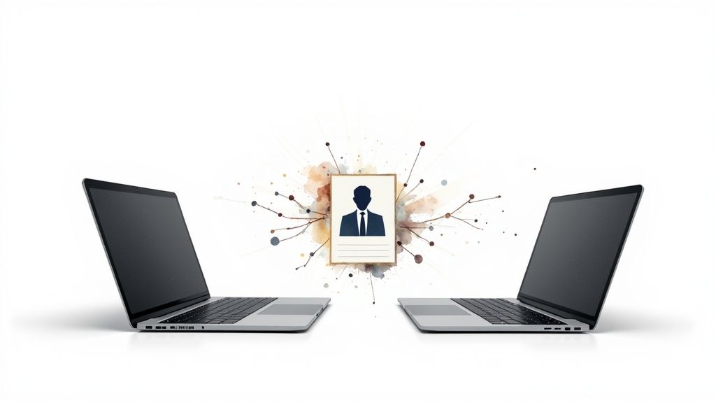 Two laptops facing each other with professional networking connections and user profile illustration between them