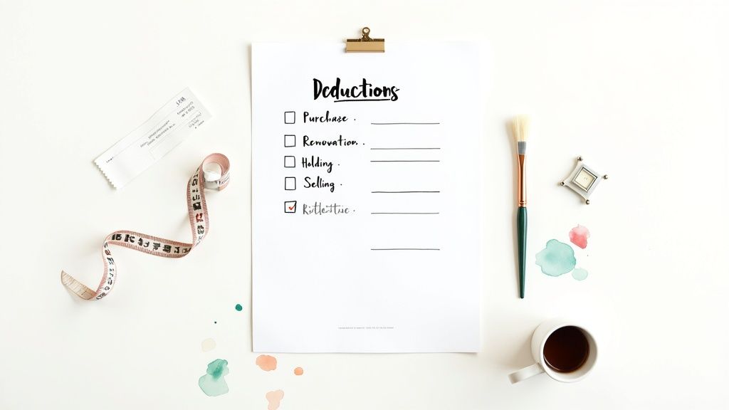 A checklist of expenses on a clipboard next to renovation tools