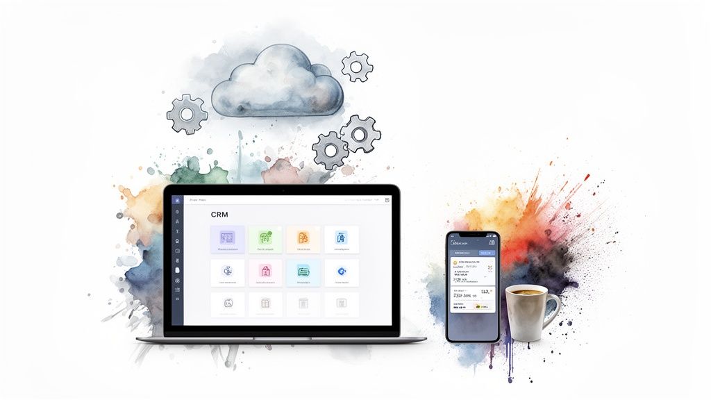 A laptop showing CRM software, a smartphone with an app, a coffee mug, and cloud computing elements.