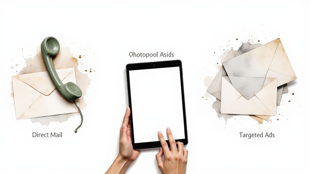 Different marketing strategies shown: direct mail (envelope with phone), digital communication (hands with tablet), and targeted ads (pile of envelopes).