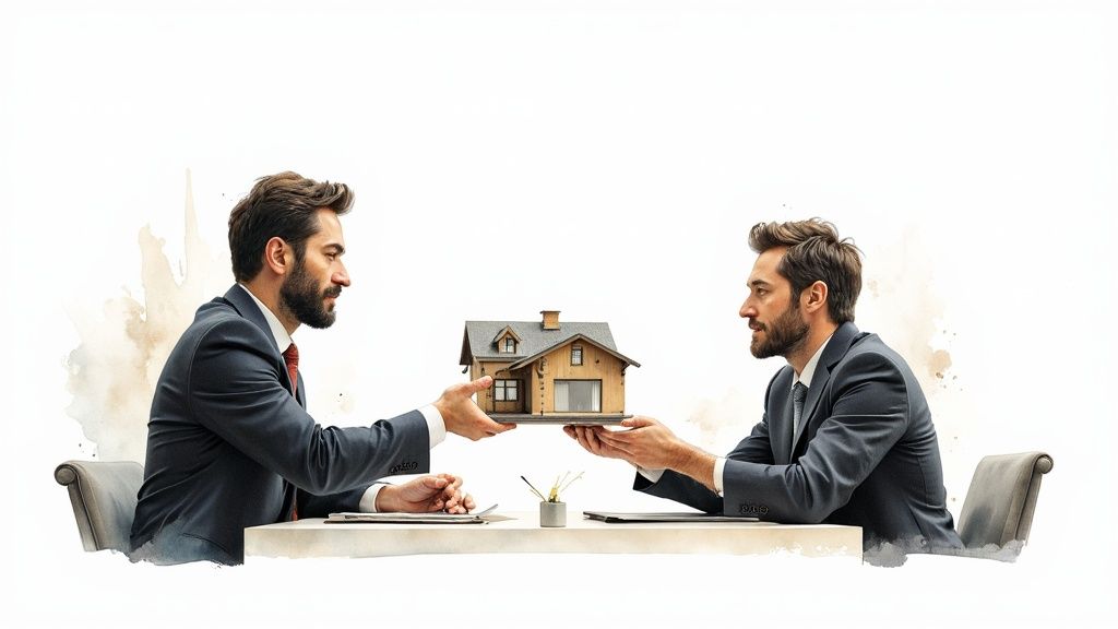 Two businessmen in suits exchanging a model house over a table, symbolizing a real estate transaction.