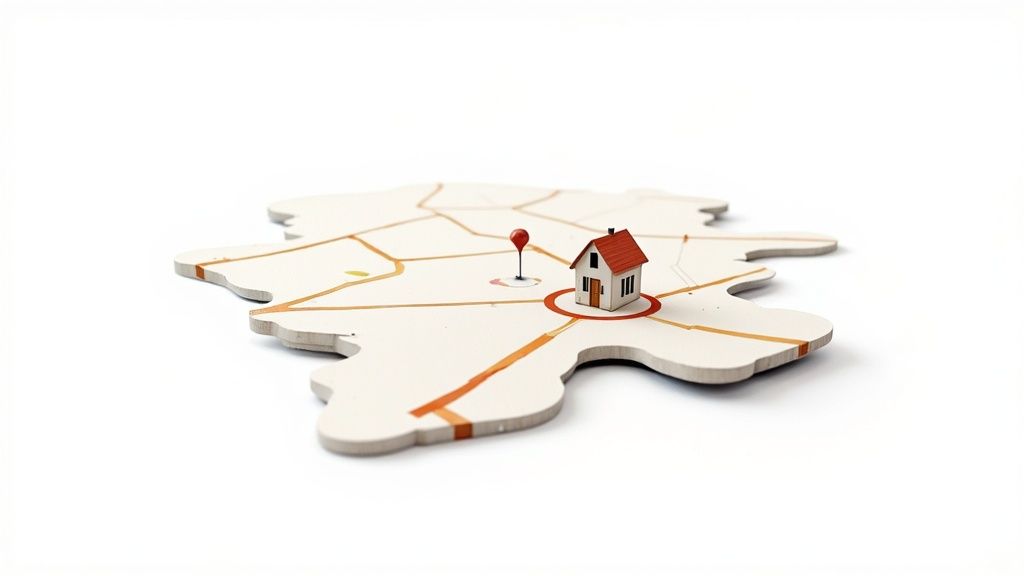 A miniature house on a map, marked with a red circle and a location pin.