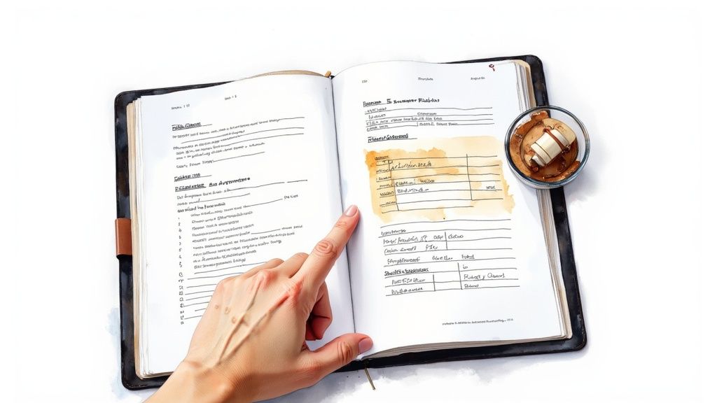 A researcher's desk showing a courthouse ledger and a laptop displaying public property records.