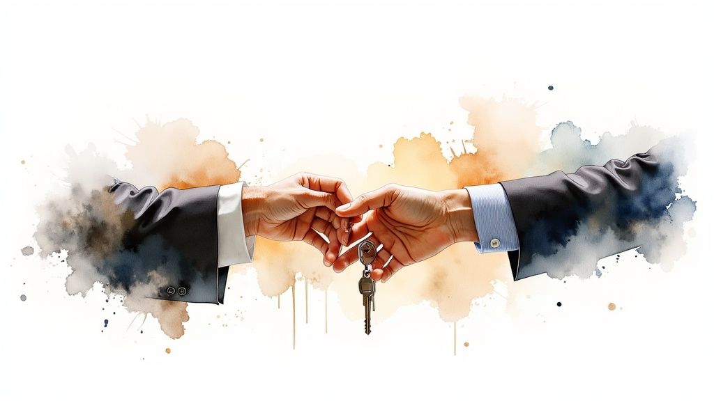 Two hands in business suits exchanging keys, symbolizing a property transaction or successful deal.