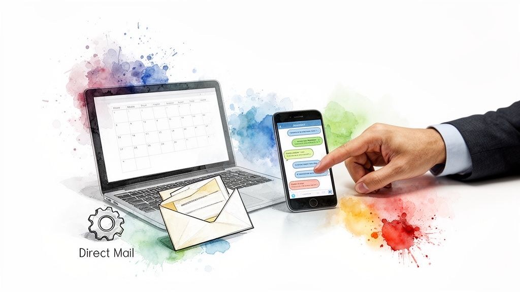 Hand on smartphone, laptop with calendar, direct mail envelopes, and gear, illustrating diverse communication channels.