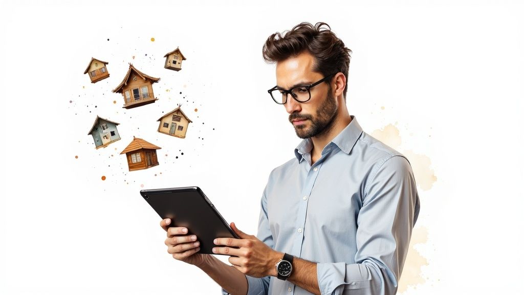 A real estate agent working on an email marketing campaign on a laptop, with charts and property images visible.