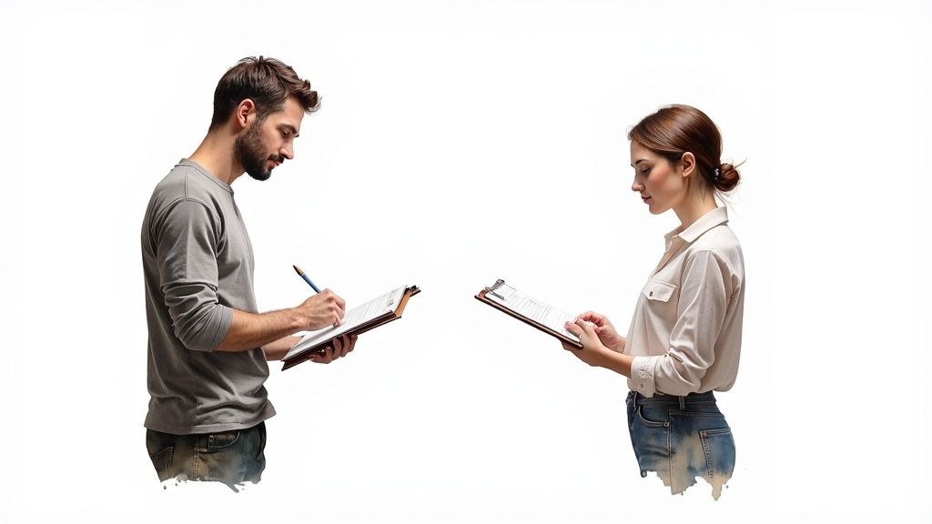 A man and a woman stand opposite each other, both diligently writing on clipboards with pens.