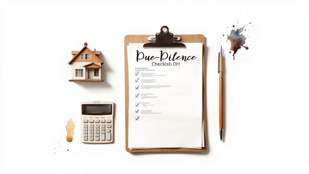A person signing documents at a desk with a house key and a small house model.