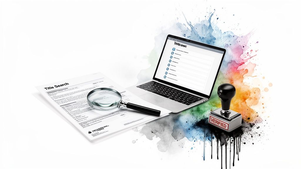 A title search document, magnifying glass, laptop with checklist, and verified stamp on a colorful background.