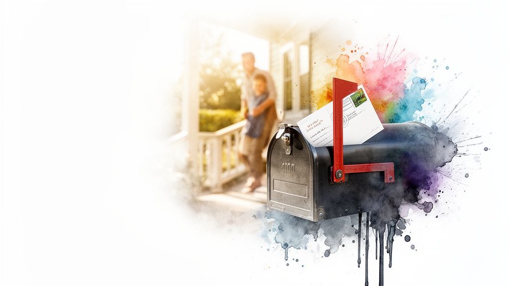 A father and son on a porch with a mailbox full of letters and colorful watercolor splashes.