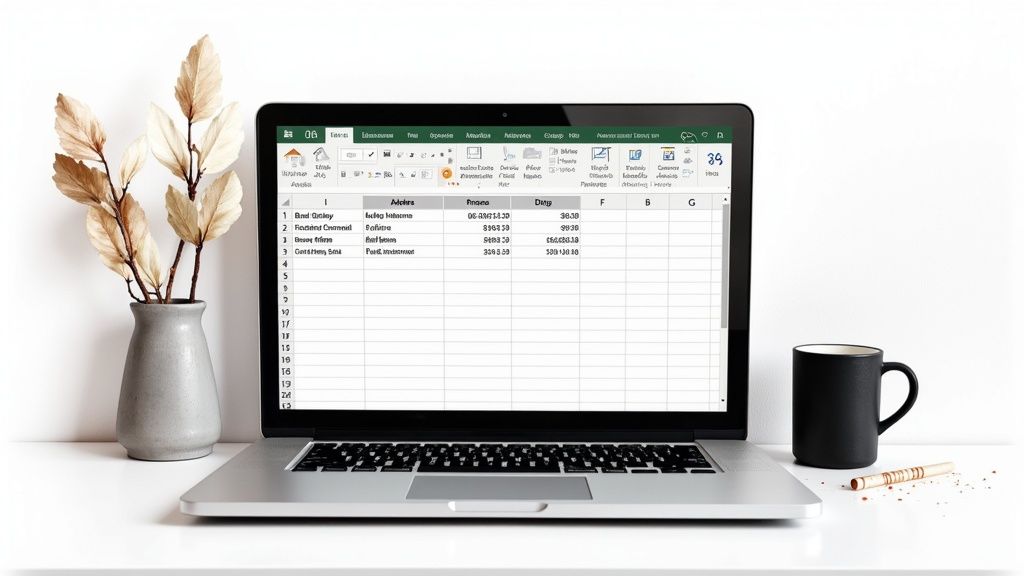 A person's hands typing on a laptop, with a spreadsheet of data visible on the screen.