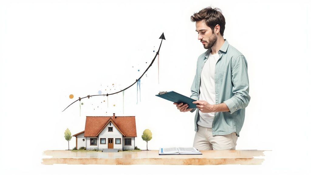 A man reviews documents next to a house with an upward-trending graph, symbolizing rising property values.