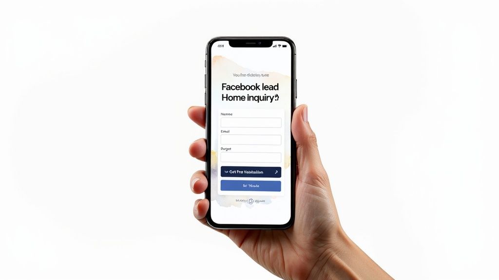 A hand holds a smartphone displaying a Facebook lead generation form for home inquiries, with input fields and buttons.