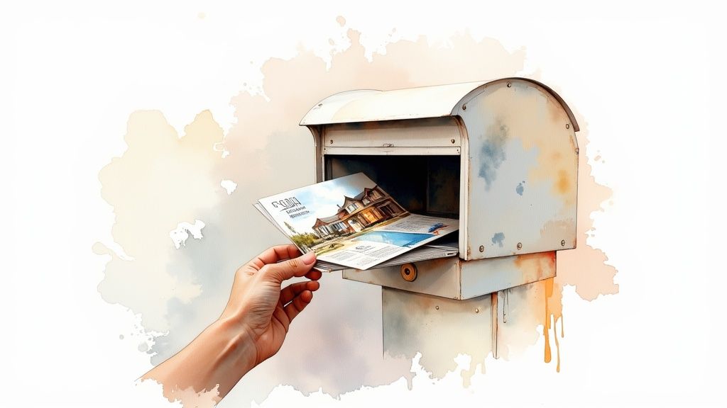A person holding a stack of real estate postcards ready for a direct mail marketing campaign.