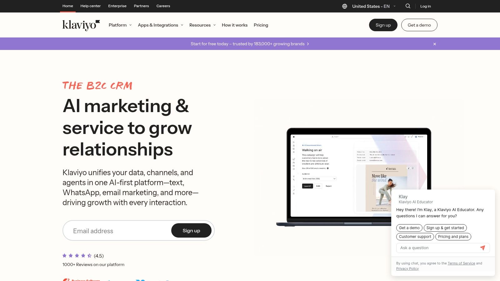 Klaviyo's dashboard showing campaign performance and analytics.