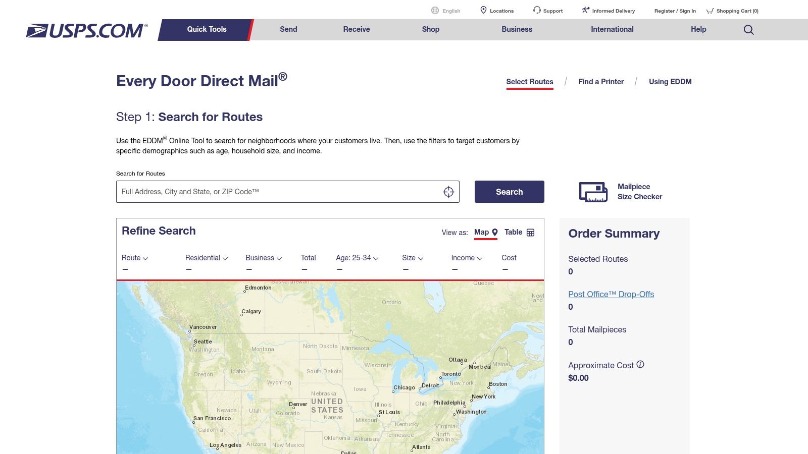 USPS Every Door Direct Mail (EDDM) route search tool for real estate mailings