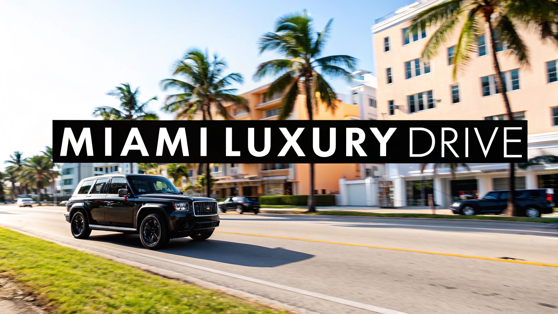 A sleek black luxury SUV drives along a sunny Miami street with palm trees and buildings.