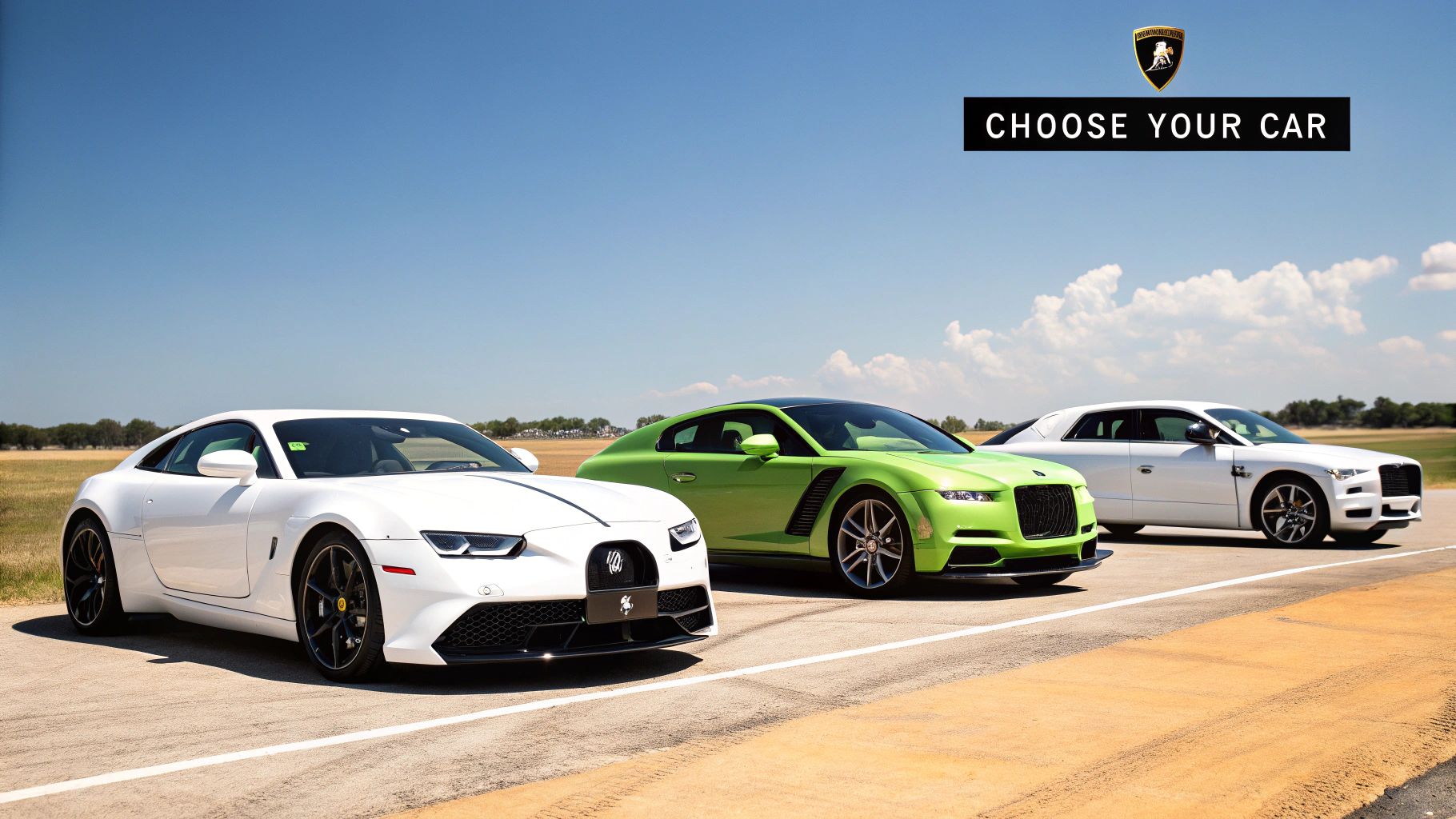Three luxury cars, two white and one green, displayed on an outdoor track under a blue sky.