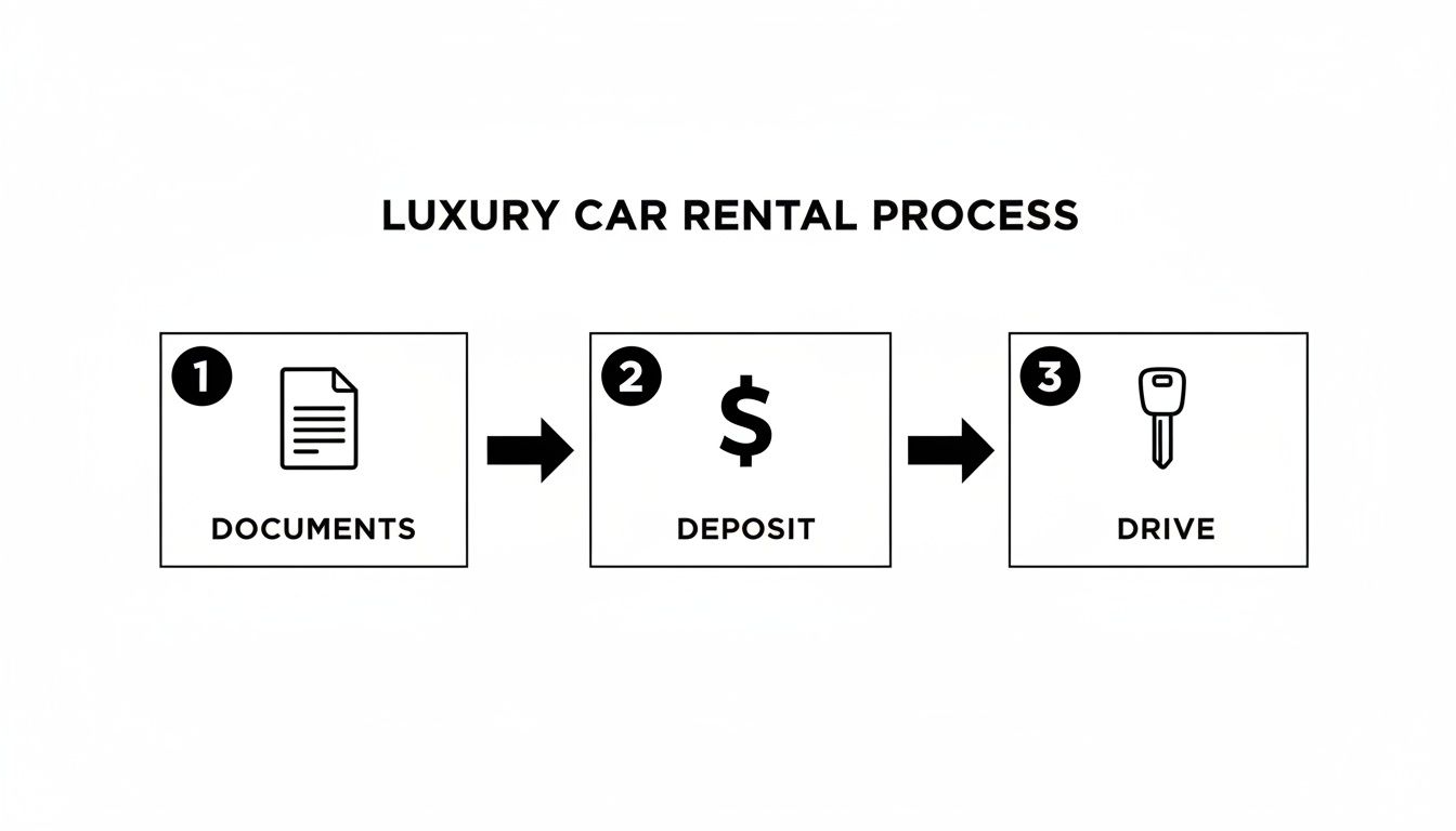 A three-step diagram illustrates the luxury car rental process: documents, deposit, and drive.