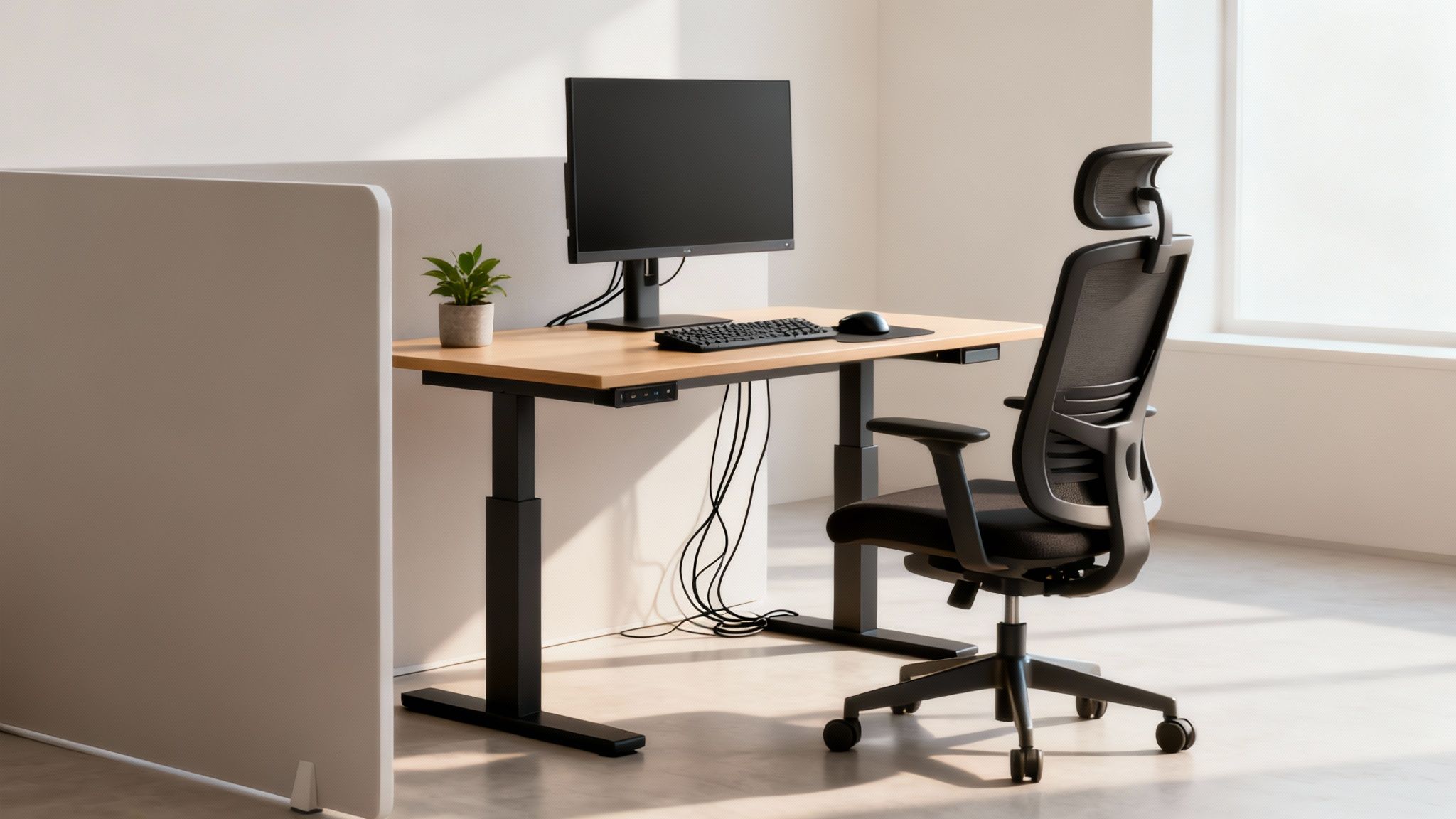 Nowoczesne biuro z regulowanym biurkiem, ergonomicznym krzesłem, monitorem i rośliną, idealne do pracy.