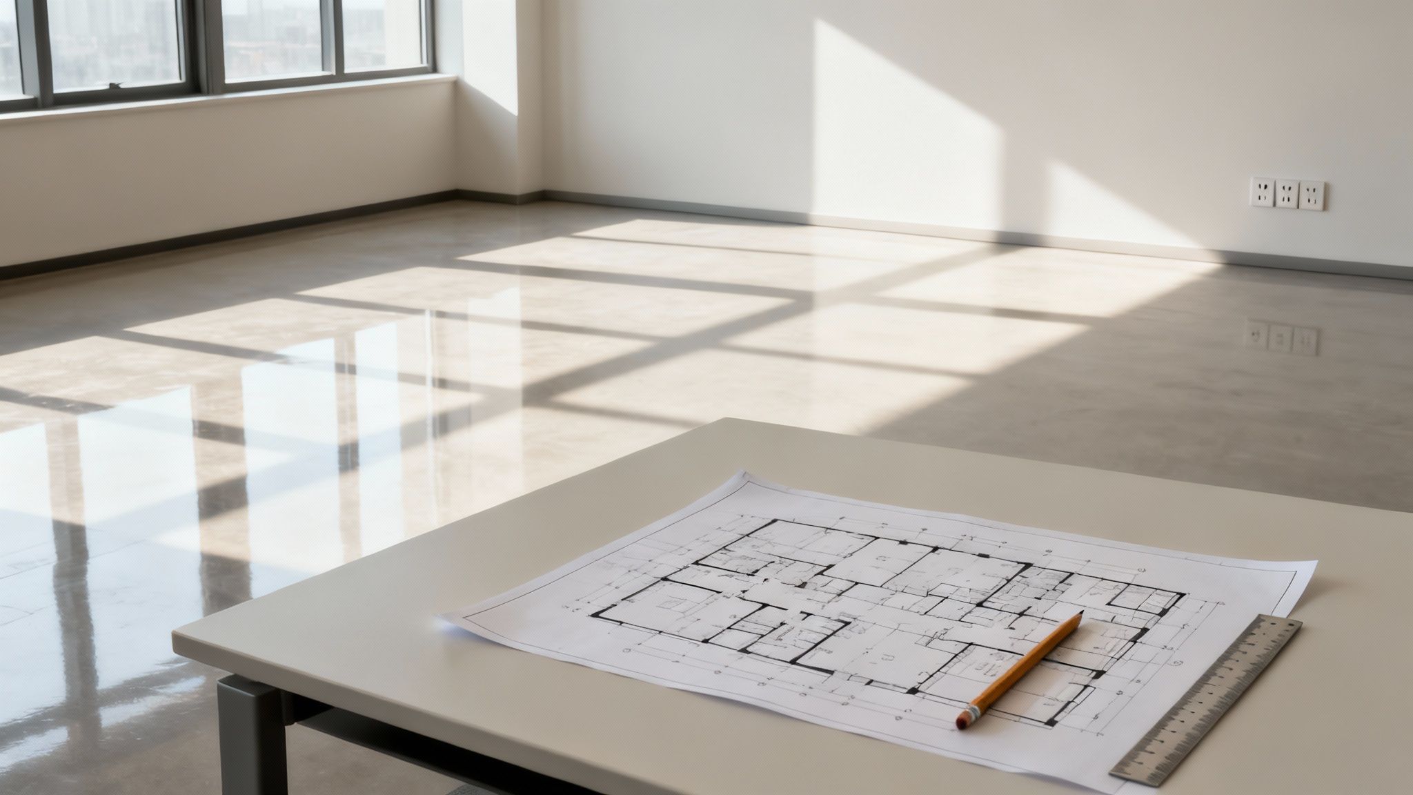 Plan architektoniczny, ołówek i linijka na stole w jasnym, pustym pomieszczeniu biurowym z oknem.